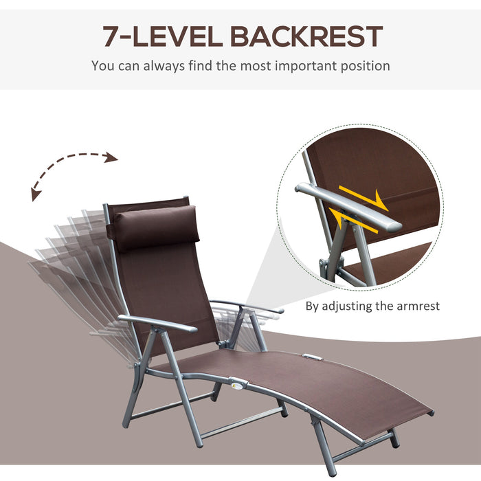 Adjustable Patio Recliner - Brown Texteline Sun Lounger with Folding Design and Pillow - Comfortable Outdoor Seating Solution for Relaxation