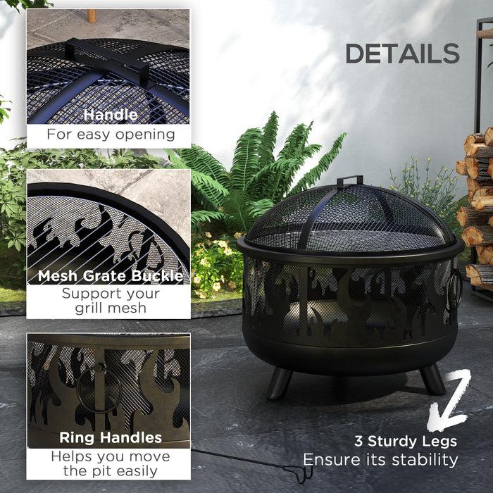 Outdoor Round Metal Firepit Bowl with Accessories - 2-in-1 Fire Pit Grill Combo with Lid, Poker & Handles - Ideal for Garden Camping, BBQs, Bonfires & Wood Burning