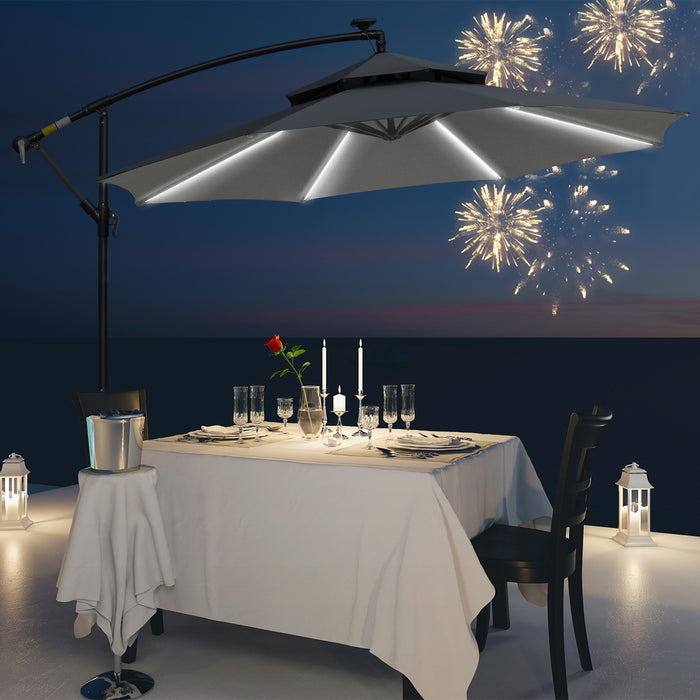 Cantilever Banana Parasol with Solar LED Lights - Outdoor Double-Roof Hanging Umbrella, Crank System, 8 Rib Support - Ideal for Garden & Patio Shade