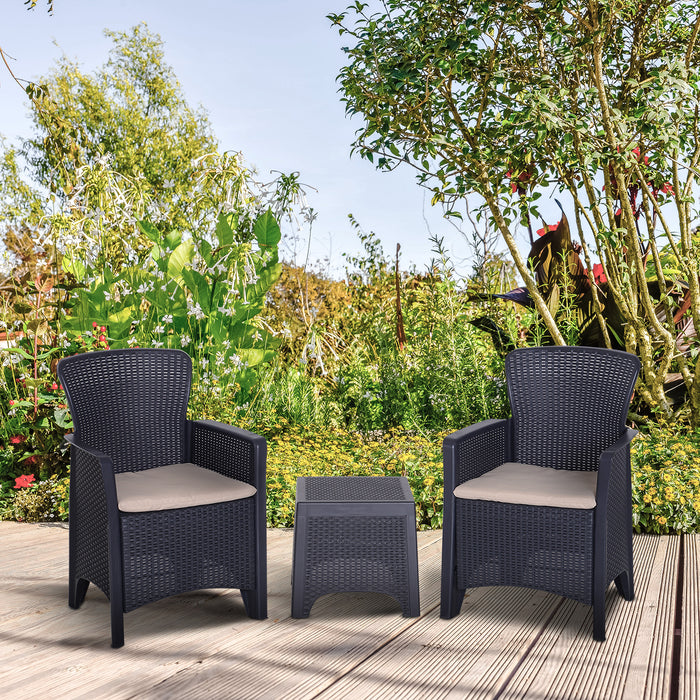 3-Piece Rattan-Effect Bistro Set - Garden Chairs and Coffee Table with Cushions - Perfect for Patio, Lawn, and Balcony in Dark Brown