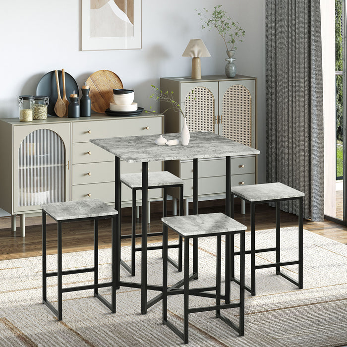 Concrete-Effect Square Bar Table Set with Stools - 5-Piece Kitchen Dining Combo for 4, Steel Frame & Footrest - Ideal for Small Spaces and Casual Meals