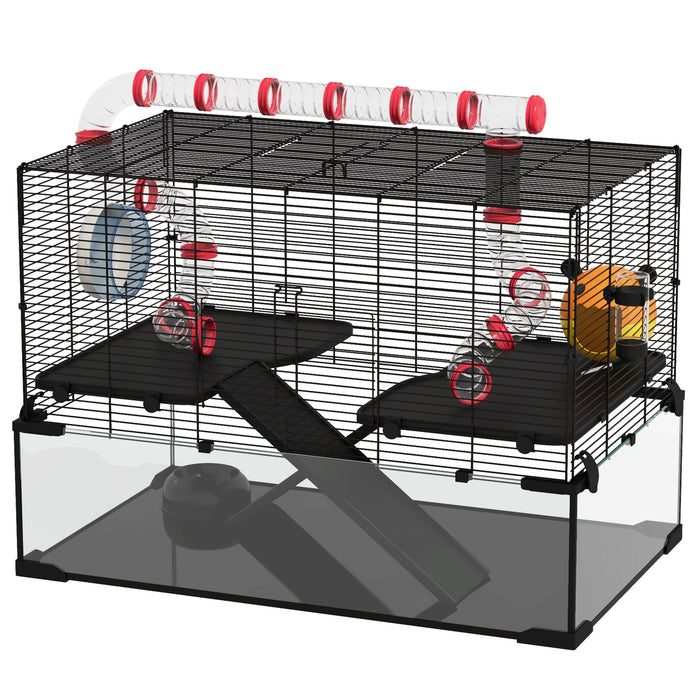 Gerbil & Dwarf Hamster Habitat - Deep Glass Base, Tunnel Tunnels, Ramps, Cozy Hut, and Exercise Wheel - Ideal for Small Rodent Pets, 78.5x48.5x57cm