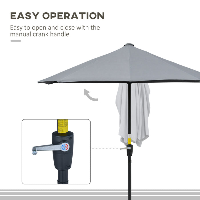 Half Parasol Market Umbrella - 2m Double-Sided Canopy with Crank Handle and Cross Base, Dark Grey - Ideal for Small Gardens and Balconies