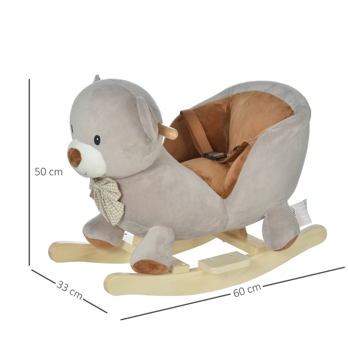 Plush Rocking Bear Toy with Sound for Toddlers - Soft Ride-On Animal with Sturdy Wooden Base and Safety Belt - Entertaining and Safe Baby Rocker for Indoor Play