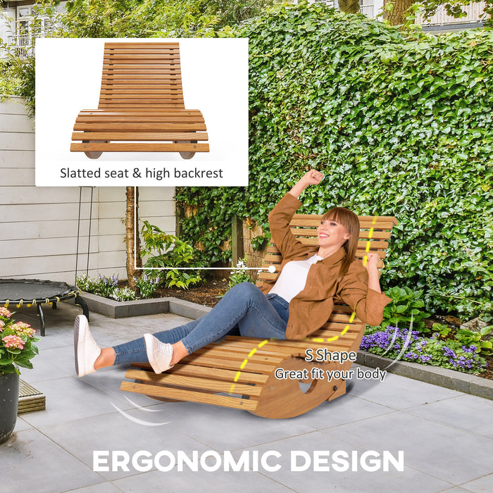 Outdoor Slatted Wooden Rocking Chair - Teak Finish, 130x60x60 cm Durable Patio Rocker - Ideal for Relaxing on Deck or Porch