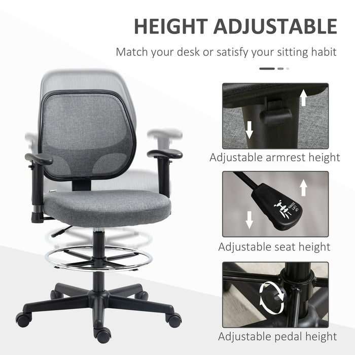 Adjustable Tall Drafting Chair with Footrest Ring - Ergonomic Fabric Chair for Standing Desks with Swivel Wheels, Armrests, Grey - Ideal for Designers and Architects