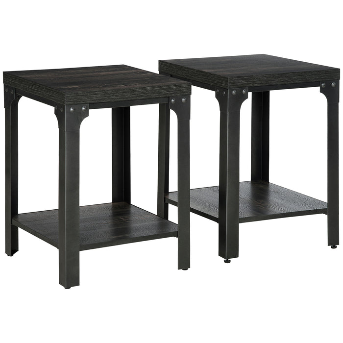 Industrial Side Table Set - 2-Pack Bedside Tables with Storage Shelf, Thickened Top & Steel Frame - Ideal for Living Room & Bedroom, Dark Walnut Finish