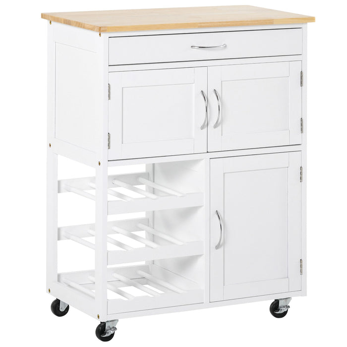 Modern Rolling Kitchen Trolley - Island Storage Cart with Drawer, Wine Rack, Cabinets, Wooden Countertop - Space-Saving Organizer for Home Chefs