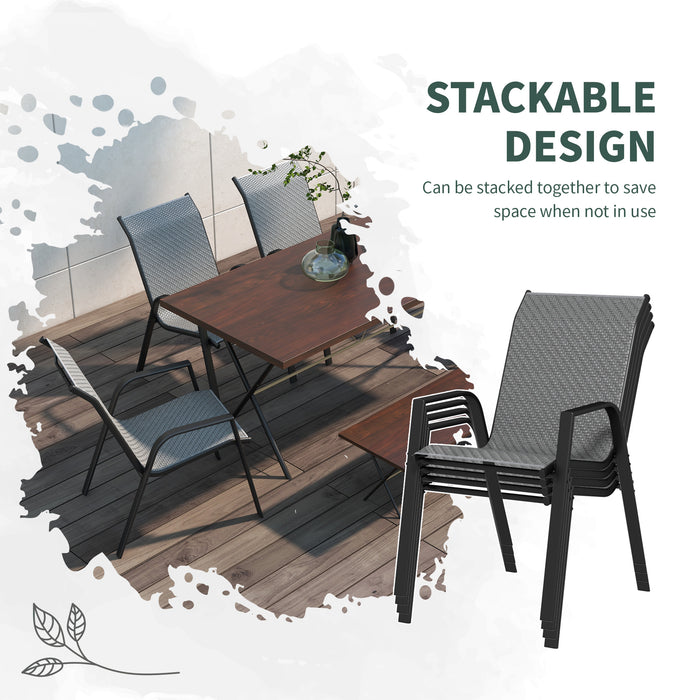 Outdoor Rattan Chair Ensemble - Set of 4 Stackable Chairs with Armrests & Backrest in Grey - Ideal for Patio & Garden Seating