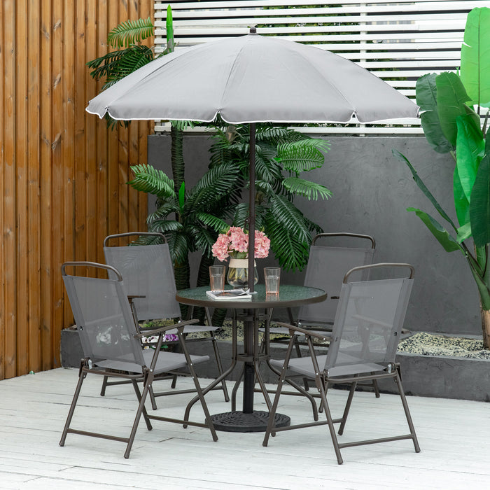 6 Piece Patio Dining Set - Umbrella, Folding Chairs & Tempered Glass Table - Ideal for Garden, Backyard, Poolside Lounging