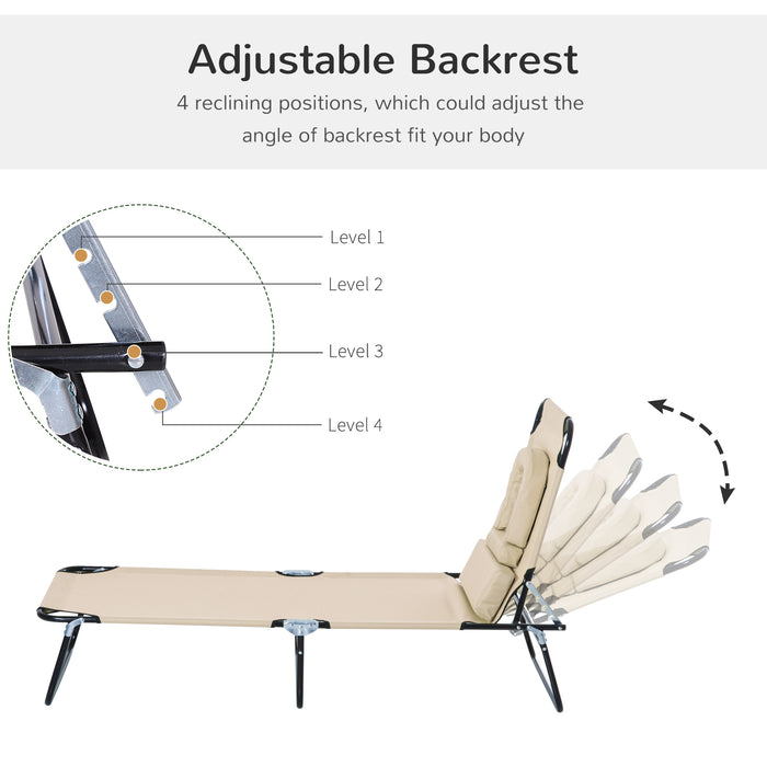 Foldable Sun Lounger with Pillow - Reclining Chair with Reading Hole for Garden & Beach - Outdoor Adjustable Recliner in Beige for Relaxation