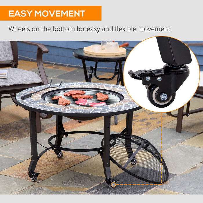 Outdoor 2-in-1 Fire Pit with BBQ Grill - Patio Heater with Wheel, Screen Cover & Fire Poker - Ideal for Backyard Bonfires and Grilling