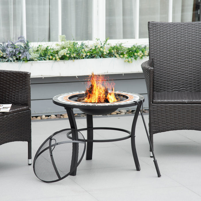 Outdoor Mosaic Fire Pit Table 60cm - Spark Screen Cover, Round Design, Fire Poker Included - Ideal for Garden Bonfire Gatherings