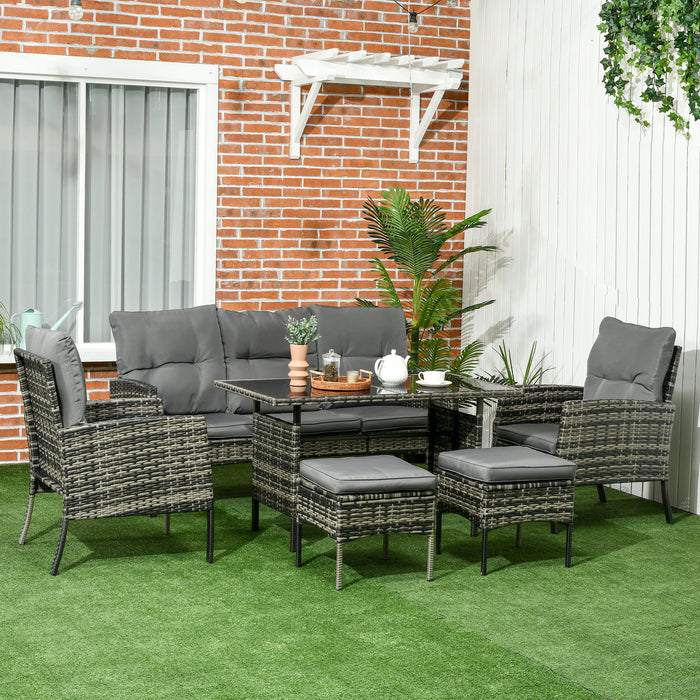 5 Seater Rattan Garden Furniture Set - Outdoor Patio Sofa with Wicker Armchairs, 3-Seater Couch, Footstools & Glass Table - Ideal for Conservatory & Deck Entertaining