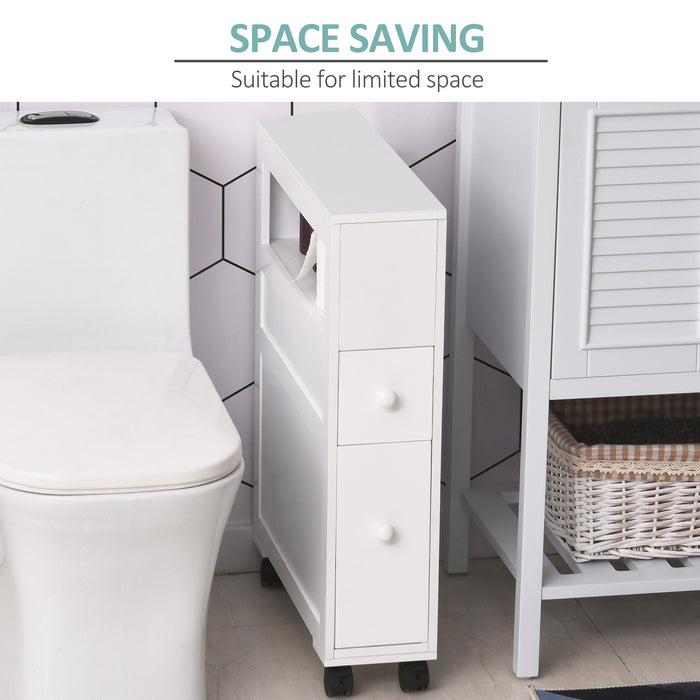 Slim Bathroom Storage Organizer - MDF Rolling Side Cabinet in White - Space-Saving Solution for Tight Spaces