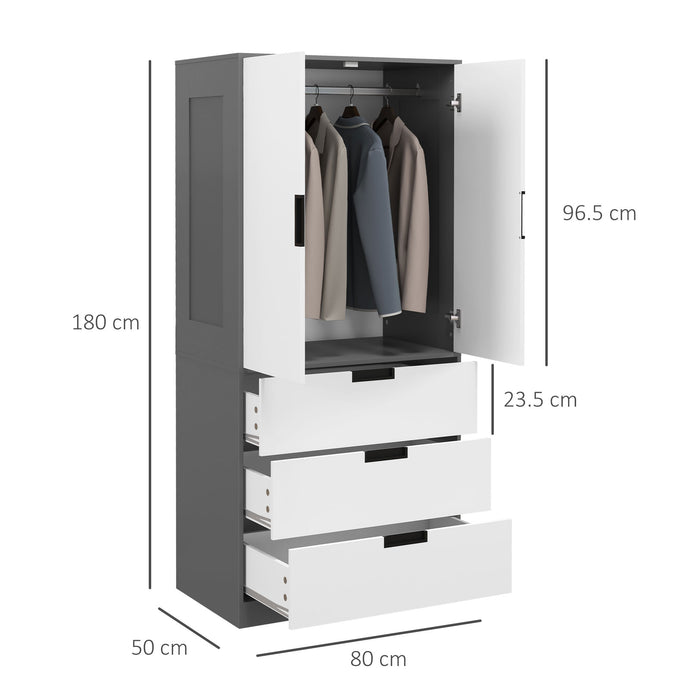 Modern 2-Door Wardrobe with 3 Drawers and Hanging Rod - Bedroom Storage Solution in Elegant Grey - Ideal for Organizing Clothes and Accessories