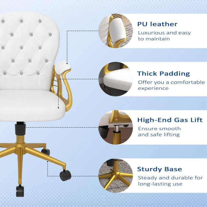 Ergonomic Height-Adjustable Task Chair - Plush Button-Tufted Workstation Chair with Padded Armrests & Tilt Feature - Comfortable Seating for Home Office Professionals, Cream White