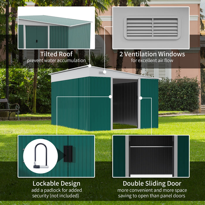 Outdoor Metal Tool Shed - Double Sliding Doors, Twin Air Vents, Spacious 11.3x9.2 ft - Ideal Garden Storage Solution in Green