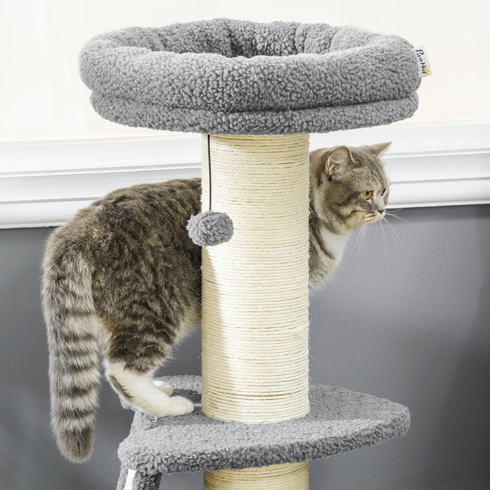 Deluxe Cat Tower with Multiple Scratching Posts - Plush Pad, Cozy Bed & Hanging Toy Ball, Dark Grey & Beige - Perfect Play Structure for Cats up to 6 Kg