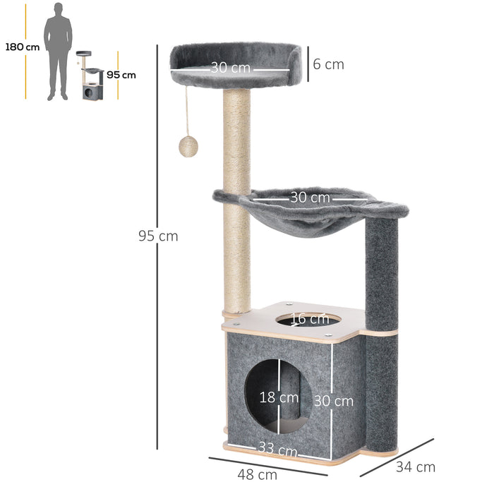 Cat Tree Tower - 95cm Multi-Level Kitten Playhouse with Sisal Scratching Posts, Hammock & Condo - Ideal for Climbing & Relaxing Pets