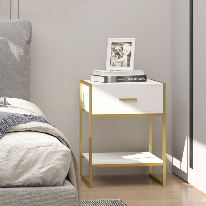 Modern White and Gold Bedside Table with Drawer - Elegant Cabinet with Shelf for Storage Organization - Ideal for Bedroom and Living Room Spaces