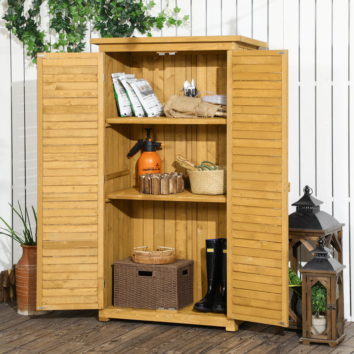 Compact Wooden Garden Storage Shed - 3-Tier Shelves & Asphalt-Roof Tool Cabinet Organizer with Shutter Design - Outdoor Utility Solution for Gardening Equipment and Tools