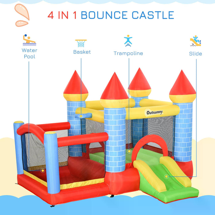 Kids Bounce Castle House with Inflator - 4-in-1 Inflatable Trampoline, Slide, Water Pool, and Basketball Area - Enchanting Castle Design for Children Ages 3-10