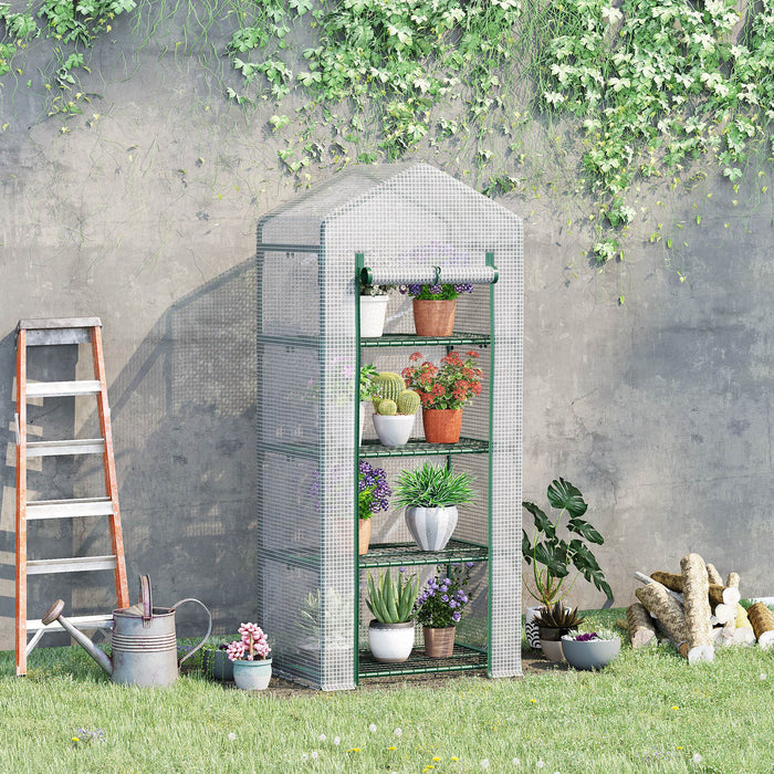 4 Tier Mini Greenhouse with Steel Frame - Portable PE Covered Garden Hot House with Roll-up Door - Ideal for Small Space Gardening & Seed Starting