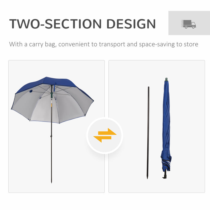 Beach Parasol Fishing Umbrella Brolly - UV30+ Sun Protection with Push Button Tilt and Sides - Portable Shelter for Outdoor Enthusiasts with Carry Bag, Blue