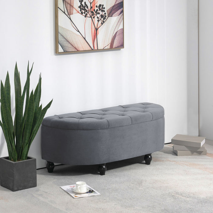 Elegant Dark Grey Semi-Circle Ottoman Bench - Tufted Upholstered Storage Seat with Rubberwood Legs - Versatile Accent Footrest for Bedroom & Entryway