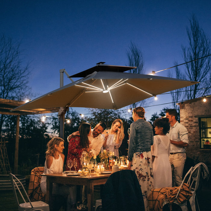 3M Cantilever Parasol - Solar LED Lighted Offset Patio Umbrella with Tilt and Crank, Hanging Sun Shade Canopy, Cross Base - Ideal for Outdoor Relaxation and Nighttime Ambiance