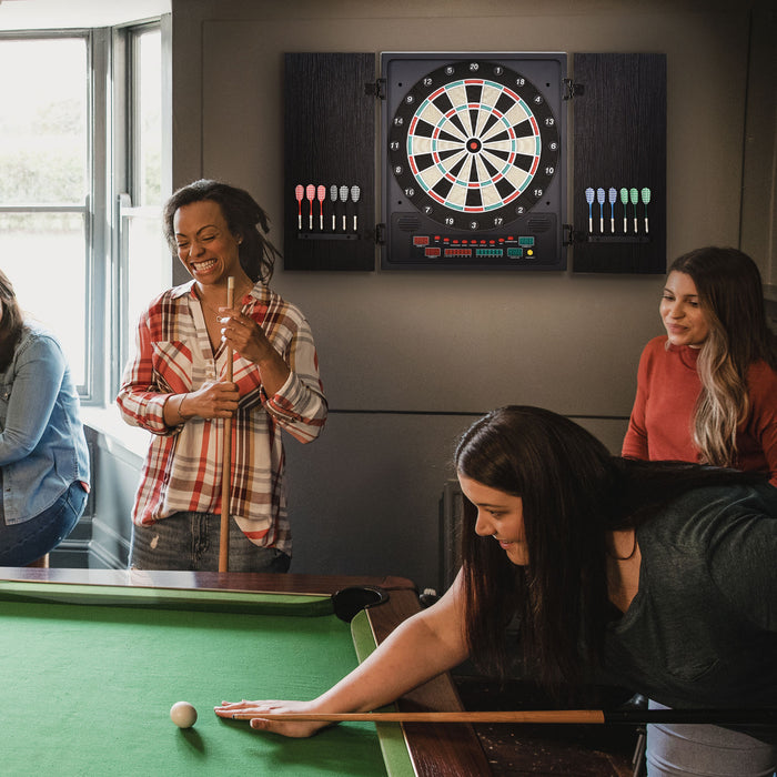 Electronic Dartboard with LED Scoreboard - Includes 12 Darts, 30 Heads, and Side Storage Cabinet - Classic Family Game for Home Entertainment in Black & White