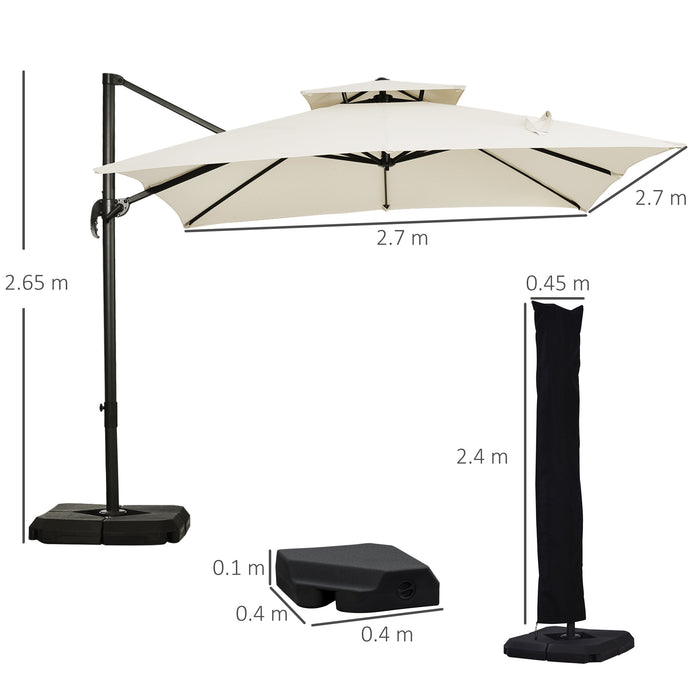 Cantilever Crank & Tilt Parasol - 3x3m Beige Overhanging Garden Umbrella with 360° Rotation - Includes Base Weights and Protective Cover for Outdoor Patio Use