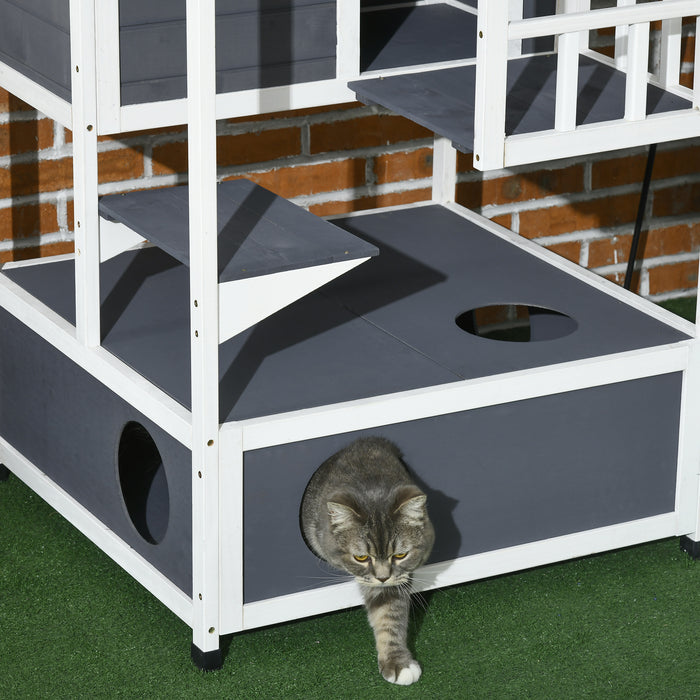 Cats Fir Wood 3-Tier Playhouse - Waterproof Multi-Level Feline Entertainment Center - Ideal for Outdoor Cat Adventures and Relaxation