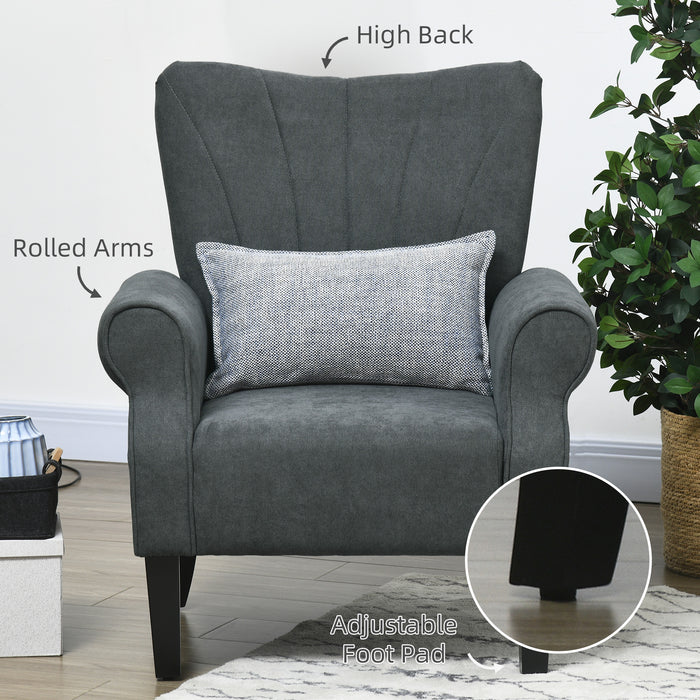 Upholstered High-Back Accent Chair - Rolled Arms, Thick Padding, Wooden Legs in Grey - Comfortable Seating for Living Room or Office