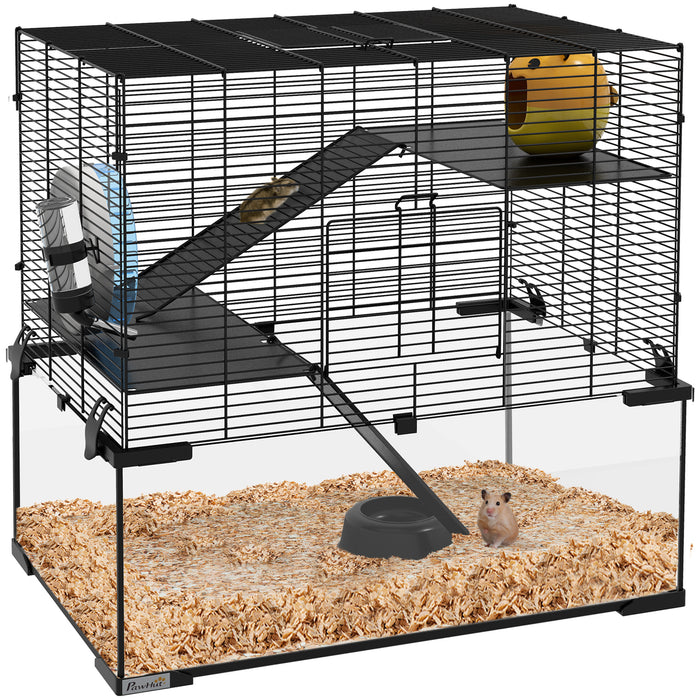 3-Tier Glass Bottom Hamster Habitat - Sturdy Cage with Non-Slip Ramps, Platforms, Hut, Exercise Wheel & Water Bottle - Ideal for Syrian & Dwarf Hamsters