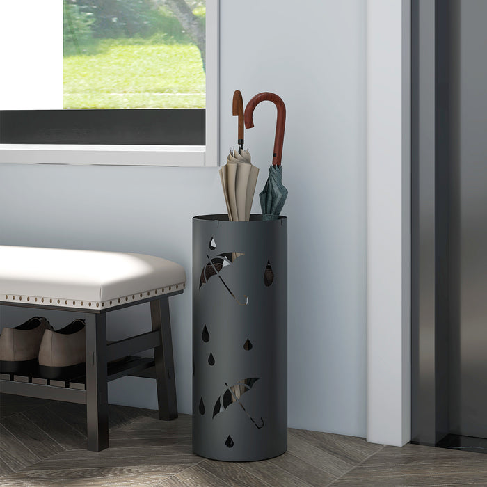 Round Freestanding Umbrella Stand with Drip Tray - Hallway and Entryway Dark Grey Umbrella Holder with 4 Hooks - Keeps Floors Dry and Organizes Umbrellas