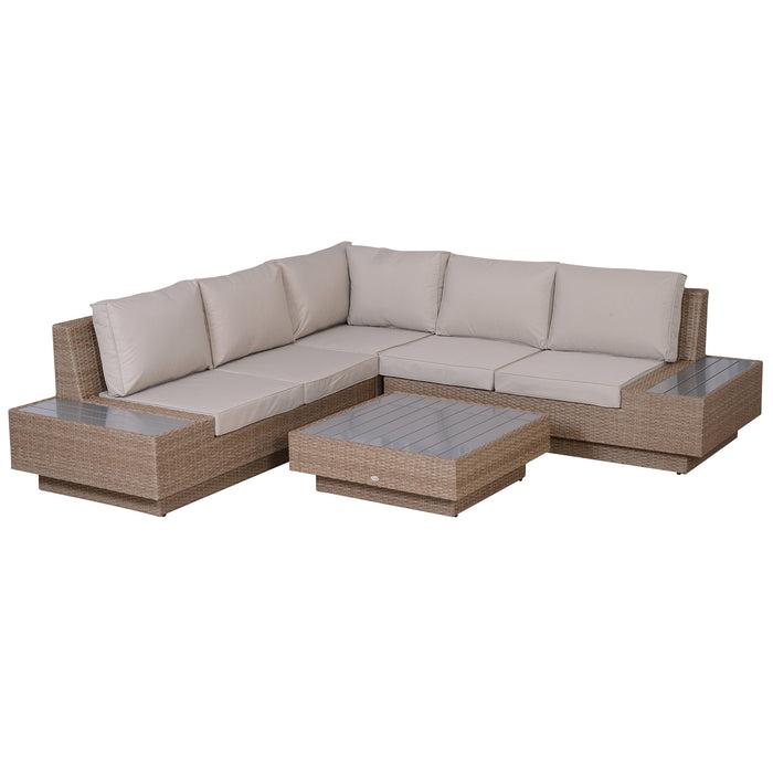 5-Seater Rattan Garden Set - Outdoor Sectional Corner Sofa with Coffee Table, Wicker Weave Design - Ideal for Conservatories, with Armrest Cushions in Beige