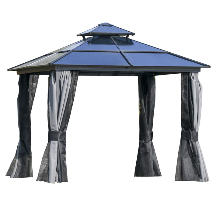 Polycarbonate Hardtop Gazebo Canopy 3x3m - Double-Tier Roof, Aluminium Frame, Garden Pavilion - Includes Mosquito Netting and Curtains for Outdoor Relaxation