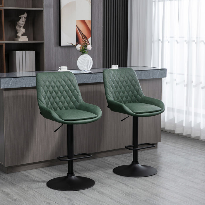 Retro Bar Stools (Pair) - Adjustable Swivel Kitchen Chairs with Backs, Upholstered in Green - Ideal for Home Bars and Kitchen Islands