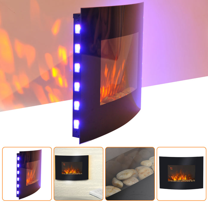 Curved Glass LED Electric Fireplace - Wall Mounted, 900/1800W Heat Settings - Cozy Ambiance for Living Spaces