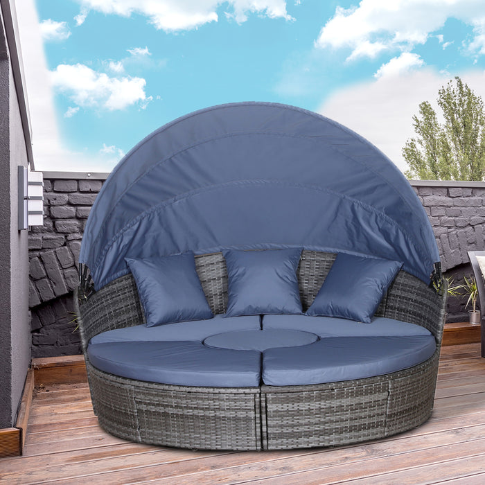 6-Seater Rattan Sofa Bed with Coffee Table - Cushioned Wicker Round Outdoor Lounging Set - Ideal Patio Conversation Furniture for Garden and Relaxation