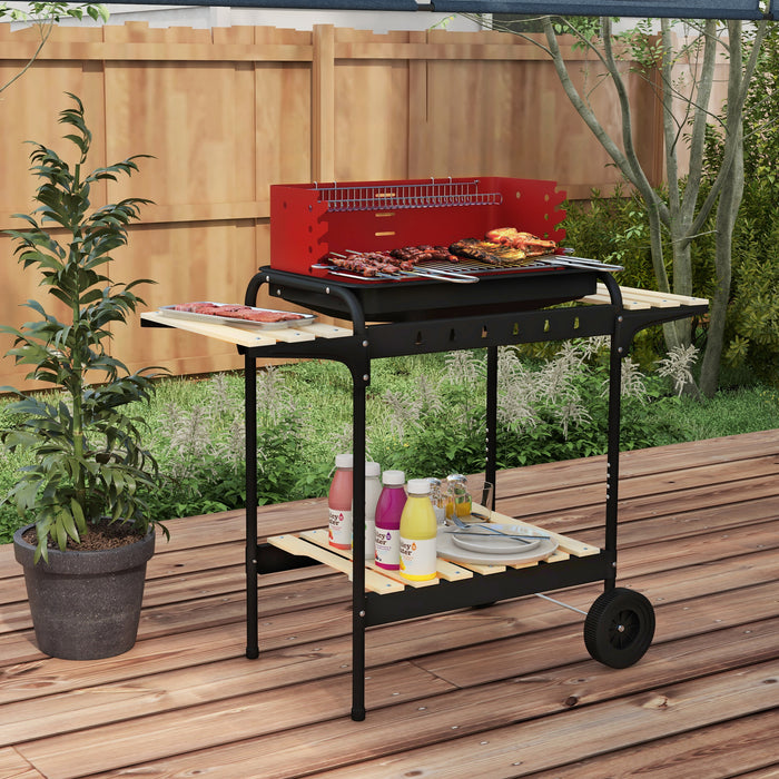 Outdoor Charcoal Grill Trolley with Adjustable 5-Level Heights - Durable Red BBQ Grill for Patio Cooking - Ideal for Backyard Parties & Family Gatherings