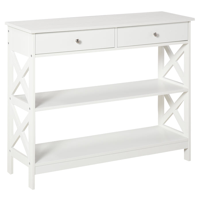 Console Side Desk with Storage - Modern White Console Table with Shelves, Drawers, and Open Top X Frame - Stylish Organizer for Living Room, Hallway, Home Office