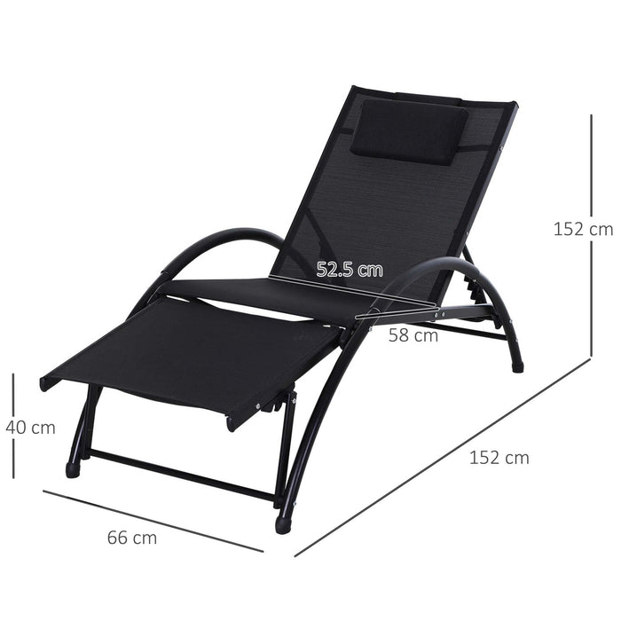 Adjustable Half Circle Sun Lounger with Armrest - Black Aluminium Frame and Textline Seat, Head & Footrest for Garden Patio - Includes Comfy Pillow for Outdoor Relaxation