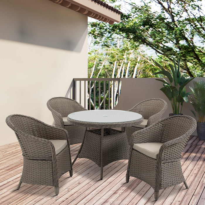 Outdoor PE Rattan 5-Piece Dining Set - 4 Comfortable Chairs & Round Table with Umbrella Hole, Mixed Grey - Ideal for Garden Patio Seating