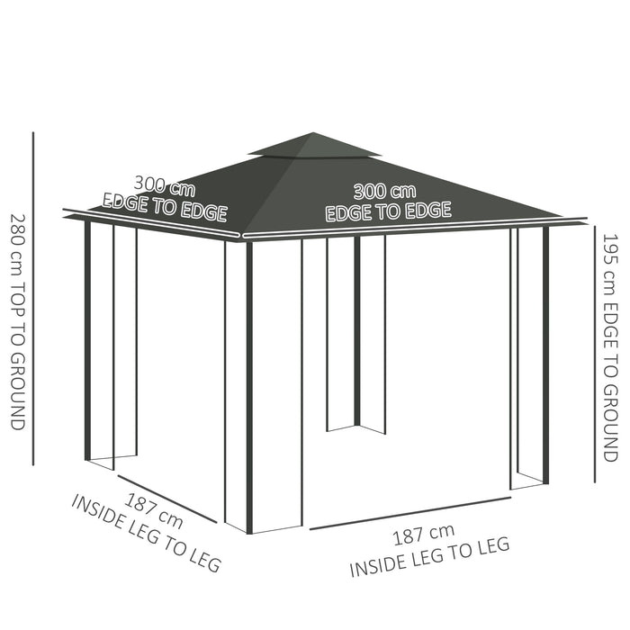 Double Roof Garden Gazebo Canopy - 3m x 3m with Netting & Solid Steel Frame in Light Grey - Outdoor Shelter for Gardens and Patios