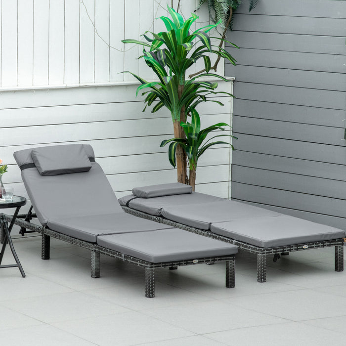 Outdoor Rattan Sun Lounger Set - Grey Wicker Sunbed with 5-Position Adjustable Backrest and Cushions - Perfect for Patio, Poolside Relaxation