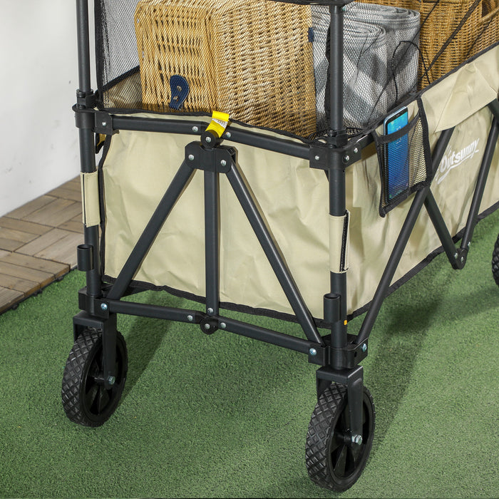 Folding Garden Trolley Wagon - 180L Capacity, Extendable Side Walls, Multipurpose Cart, Khaki - Ideal for Beach, Camping, Festivals