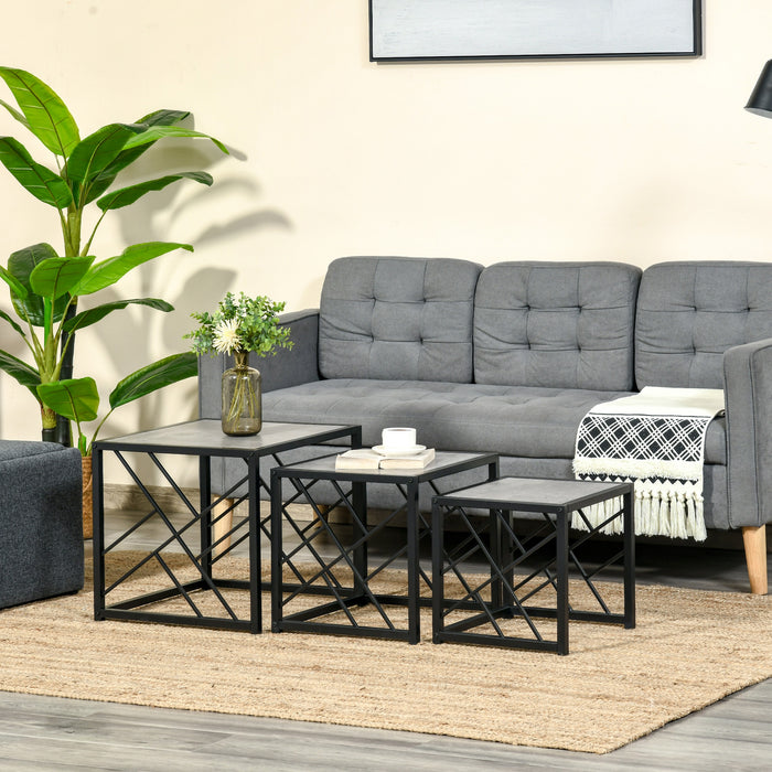 Nest of 3 Square Side Tables - Black Metal Frame & Grey Finish for Modern Decor - Versatile Living Room, Bedroom, and Office Furniture